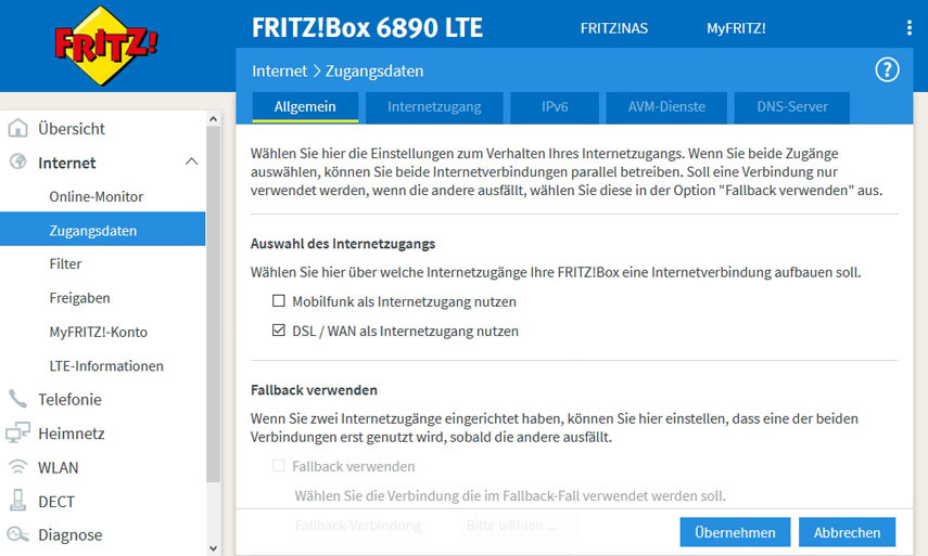 Einrichtung der FRITZ!Box 6890: WLAN als Zugang wählen 3. Bild zur Einrichtung der FRITZ!Box 6890