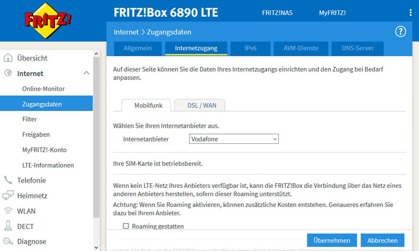 Ersteinrichtung der FRITZ!Box 6890: Eingabe der LTE Daten 1. Bild zur Ersteinrichtung der FRITZ!Box 6890