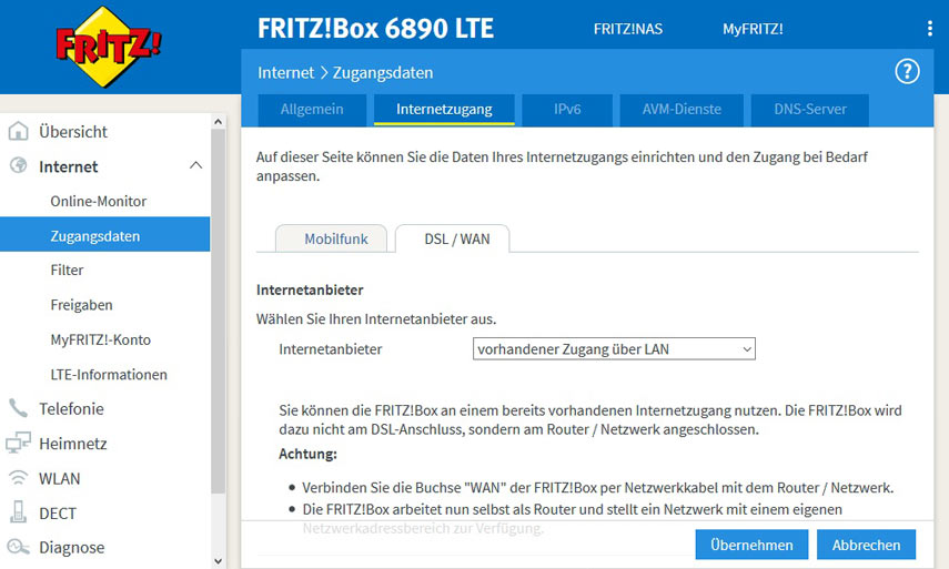 Ersteinrichtung der FRITZ!Box 6890: Festlegung des WAN-Ports 2. Bild zur Ersteinrichtung der FRITZ!Box 6890