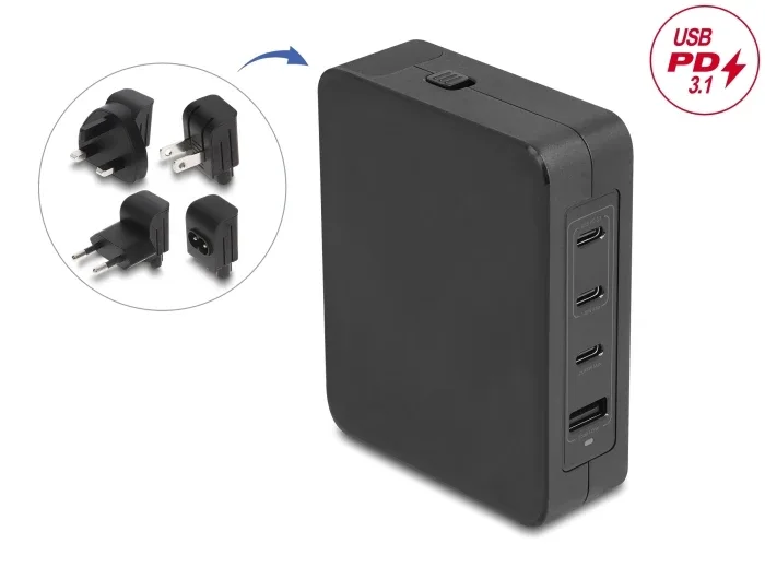 Delock_USB_GaN_Ladeger__t_3_x_USB_Type-C____PD_3_1_und_1_x_USB_Typ-A_mit_145_W_inklusive_Strom-Adapter_f__r_EU___US___UK__1_b4bed800