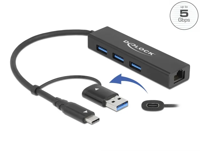 Delock 3 Port USB 3.2 Gen 1 Hub + Gigabit LAN mit USB Type-C™ oder USB Typ-A Anschluss #1 